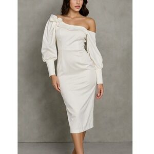 Fehaute Women's Off White Satin‎ Off-shoulder Midi Dress NWT Size XL